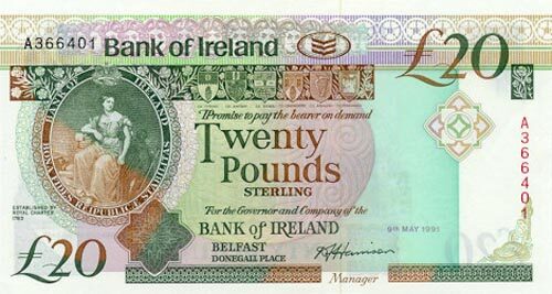 北爱尔兰 Pick 072a 1991.5.9年版20 Pounds 纸钞 