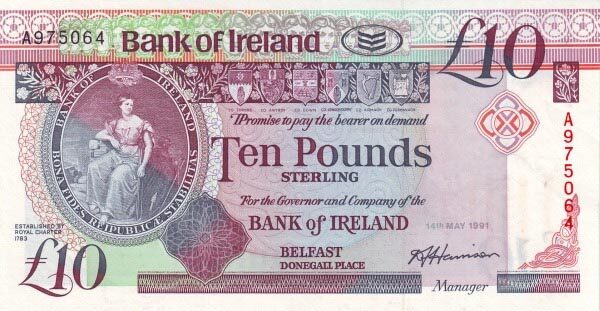 北爱尔兰 Pick 071 1991.5.14年版10 Pounds 纸钞 