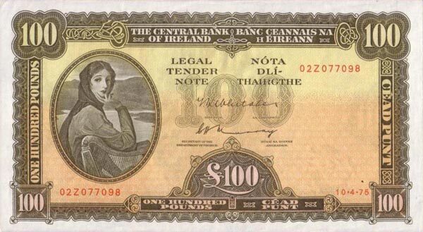 爱尔兰 Pick 69b 1975.4.10年版100 Pounds 纸钞 