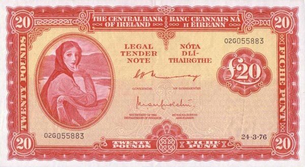 爱尔兰 Pick 67c 1976.3.24年版20 Pounds 纸钞 