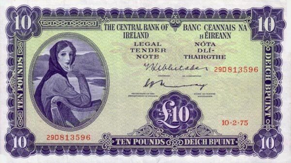 爱尔兰 Pick 66c 1975.2.10年版10 Pounds 纸钞 