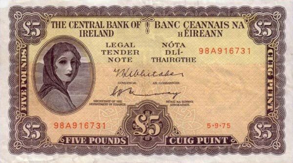 爱尔兰 Pick 65c 1975.9.5年版5 Pounds 纸钞 