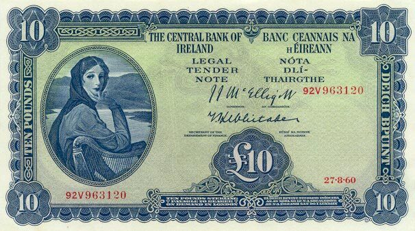爱尔兰 Pick 59d 1960.8.27年版10 Pounds 纸钞 