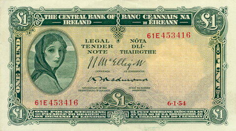 爱尔兰 Pick 57c 1954.1.6年版1 Pound 纸钞 