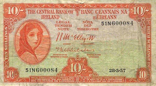 爱尔兰 Pick 56d 1957.5.28年版10 Shillings 纸钞 