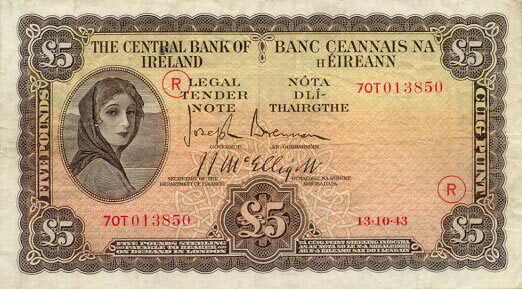 爱尔兰 Pick 03D 1943.10.13年版5 Pounds 纸钞 
