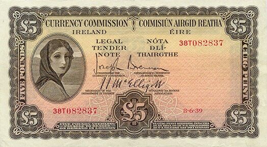 爱尔兰 Pick 03B 1939.6.8年版5 Pounds 纸钞 