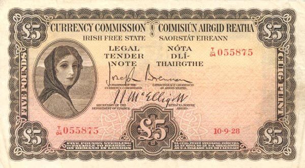 爱尔兰 Pick 03A 1928.9.10年版5 Pounds 纸钞 