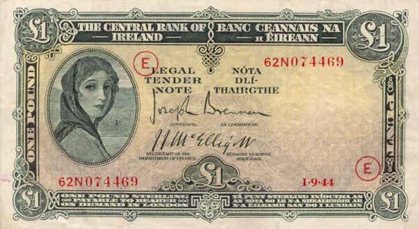爱尔兰 Pick 02D 1944.9.1年版1 Pound 纸钞 