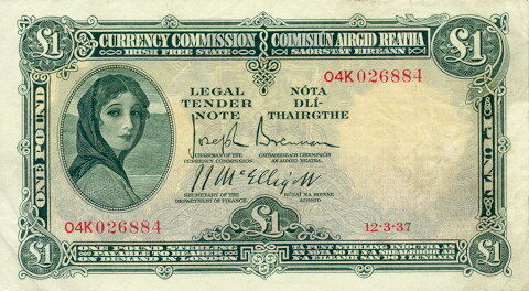 爱尔兰 Pick 02A 1937.3.12年版1 Pound 纸钞 