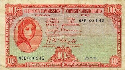 爱尔兰 Pick 01B 1939.7.25年版10 Shillings 纸钞 