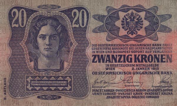 奥地利 Pick 014 1913.1.2年版20 Kronen 纸钞 