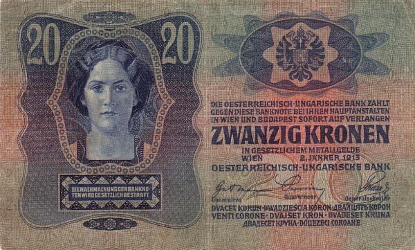 奥地利 Pick 013 1913.1.2年版20 Kronen 纸钞 