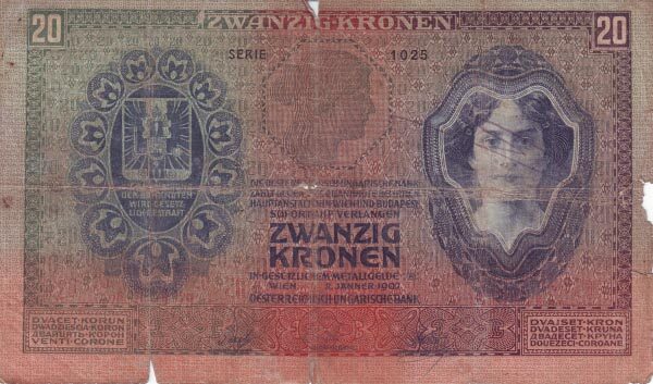 奥地利 Pick 010 1907.1.2年版20 Kronen 纸钞 