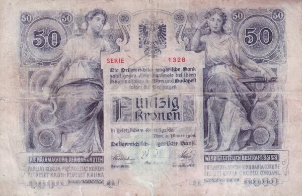 奥地利 Pick 006 1902.1.2年版50 Kronen 纸钞 