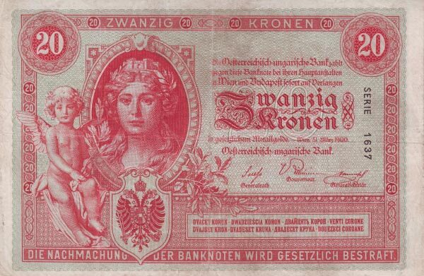 奥地利 Pick 005 1900.3.31年版20 Kronen 纸钞 