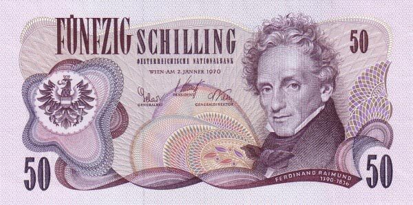 奥地利 Pick 143 1970.1.2年版50 Schilling 纸钞 