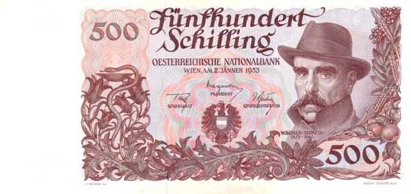 奥地利 Pick 134 1954.1.2年版500 Schilling 纸钞 
