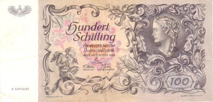 奥地利 Pick 132 1949.1.3年版100 Schilling 纸钞 