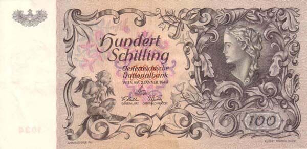 奥地利 Pick 131 1949.1.3年版100 Schilling 纸钞 
