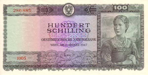 奥地利 Pick 124 1947.1.2年版100 Schilling 纸钞 