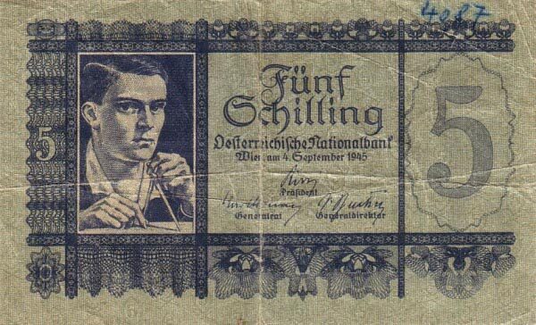 奥地利 Pick 121 1945.9.4年版5 Schilling 纸钞 