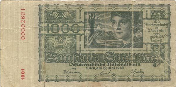 奥地利 Pick 120 1945.5.29年版1000 Schilling 纸钞 