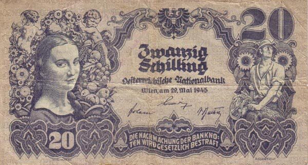 奥地利 Pick 116 1945.5.29年版20 Schilling 纸钞 