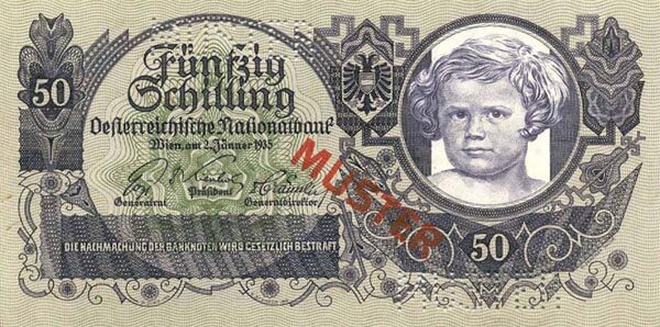 奥地利 Pick 100s 1935.1.2年版50 Schilling 纸钞 