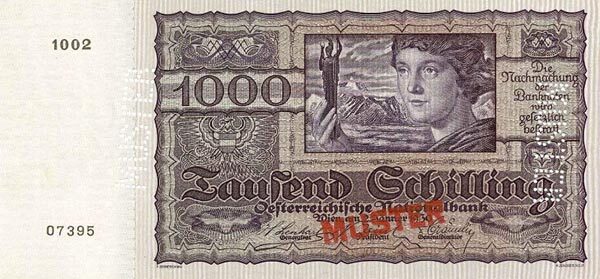 奥地利 Pick 098s 1930.1.2年版1000 Schilling 纸钞 