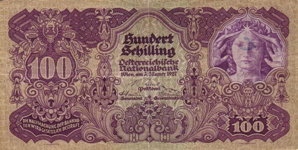 奥地利 Pick 097 1927.1.3年版100 Schilling 纸钞 