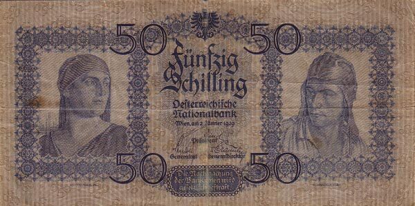 奥地利 Pick 096 1929.1.2年版50 Schilling 纸钞 