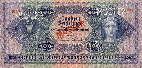奥地利 Pick 091s 1925.1.2年版100 Schillinge 纸钞 