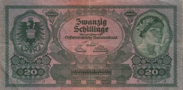 奥地利 Pick 090 1925.1.2年版20 Schillinge 纸钞 