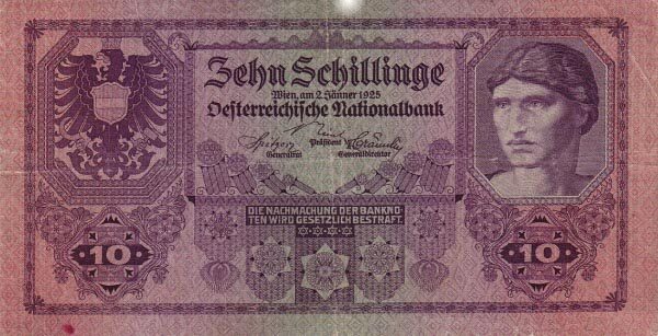 奥地利 Pick 089 1925.1.2年版10 Schillinge 纸钞 