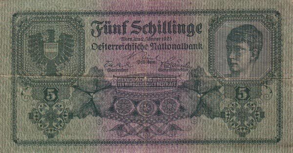奥地利 Pick 088 1925.1.2年版5 Schillinge 纸钞 