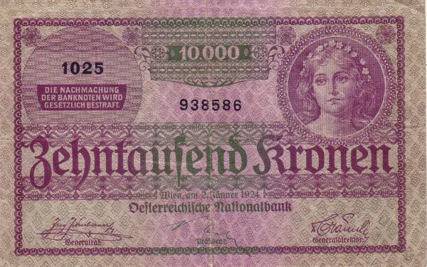 奥地利 Pick 085 1924.1.2年版10000 Kronen 纸钞 