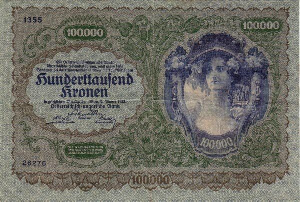 奥地利 Pick 081 1922.1.2年版100,000 Kronen 纸钞 