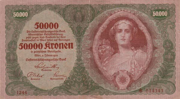 奥地利 Pick 080 1922.1.2年版50000 Kronen 纸钞 