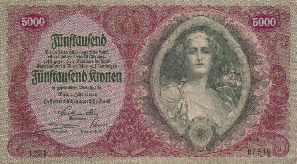 奥地利 Pick 079 1922.1.2年版5000 Kronen 纸钞 