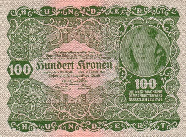 奥地利 Pick 077 1922.1.2年版100 Kronen 纸钞 