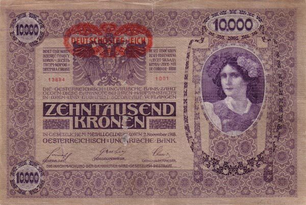 奥地利 Pick 062a 1918.11.2年版10000 Kronen 纸钞 