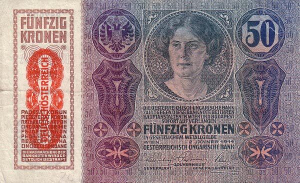 奥地利 Pick 054a 1914.1.2年版50 Kronen 纸钞 