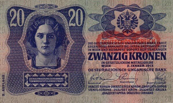 奥地利 Pick 053a 1913.1.2年版20 Kronen 纸钞 
