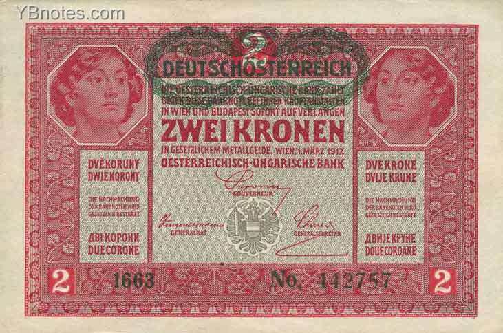奥地利 Pick 050 1917.3.1年版2 Kronen 纸钞 