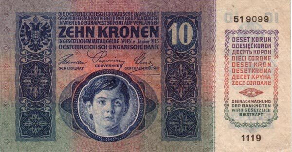 奥地利 Pick 019 1915.1.2年版10 Kronen 纸钞 