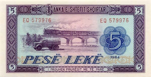 阿尔巴尼亚 Pick 35 1964年版5 Leke 纸钞 125x65