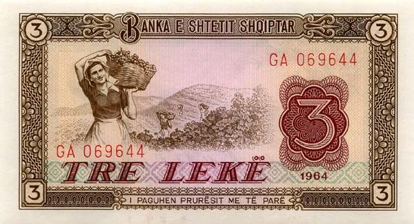 阿尔巴尼亚 Pick 34 1964年版3 Leke 纸钞 110x60