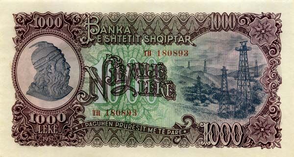 阿尔巴尼亚 Pick 32 1957年版1000 Leke 纸钞 175x95