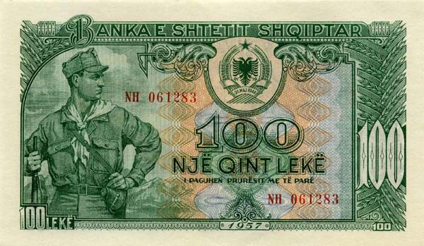 阿尔巴尼亚 Pick 30 1957年版100 Leke 纸钞 145x85